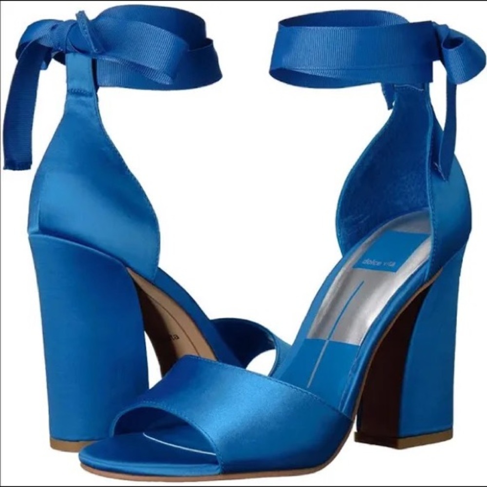 Dolce Vita Blue Satin Ankle Ribbon Block Heel Sandals